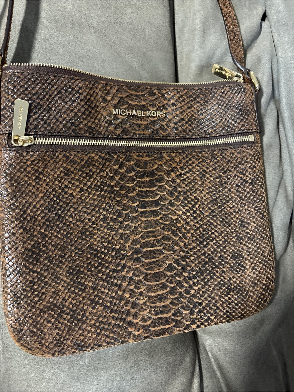 Michael Kors Brown Snakeskin-Effect Messenger Crossbody